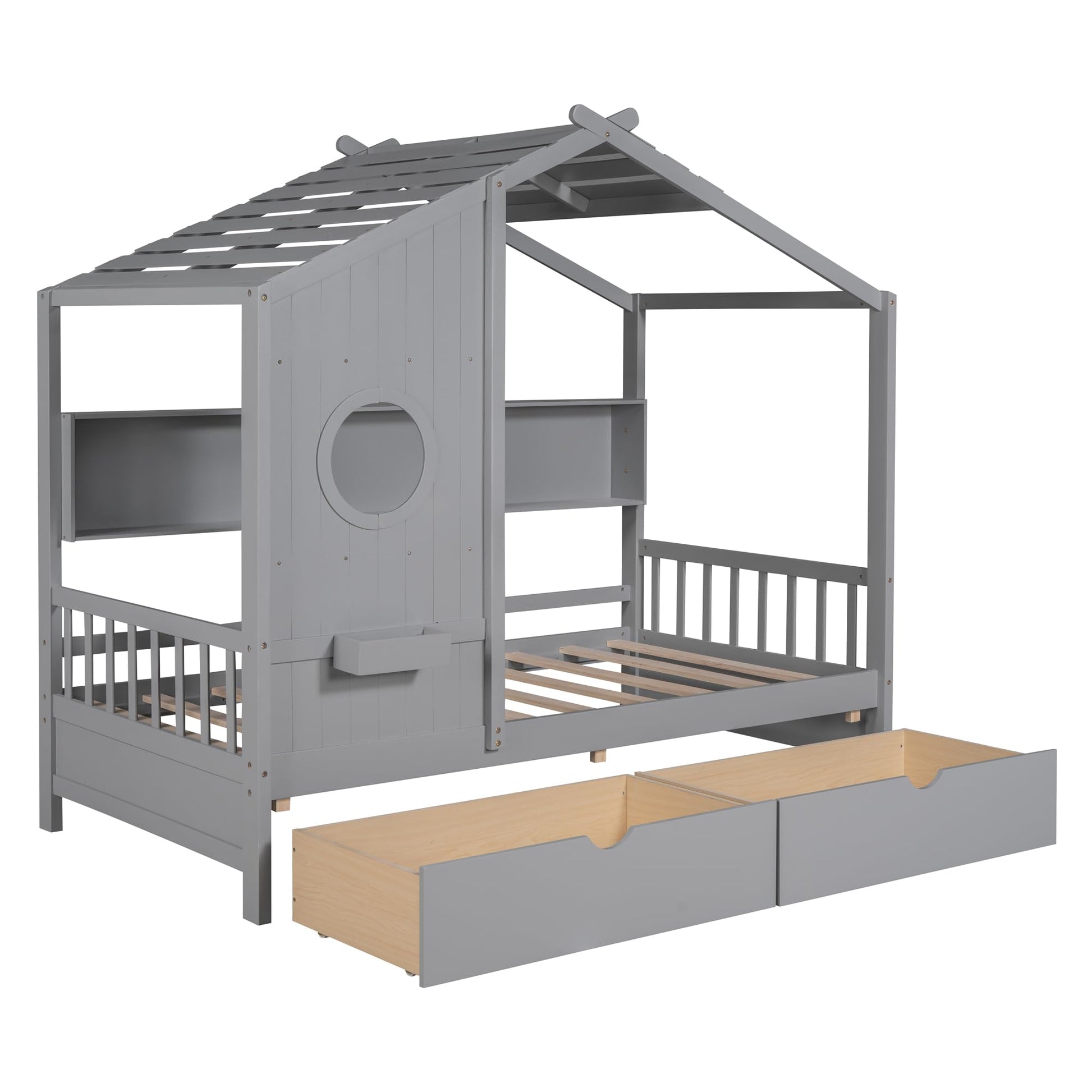 Bellemave Twin Size Kids House Bed Frame with Storage Drawers and Shelves - Gray - WoodArtSupply