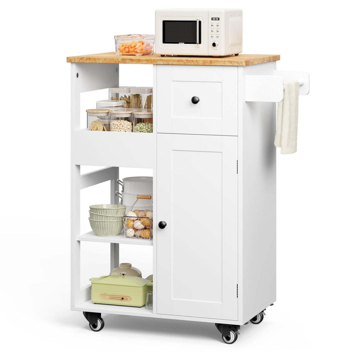 Gizoon Kitchen Island Cart on Wheels, with Thickened Wooden Countertop, Rolling Serving Utility Cart with Drawers and Doors, Bar Cart with Adjustable Shelf and Removable Tray for Dining Room, White Gizoon