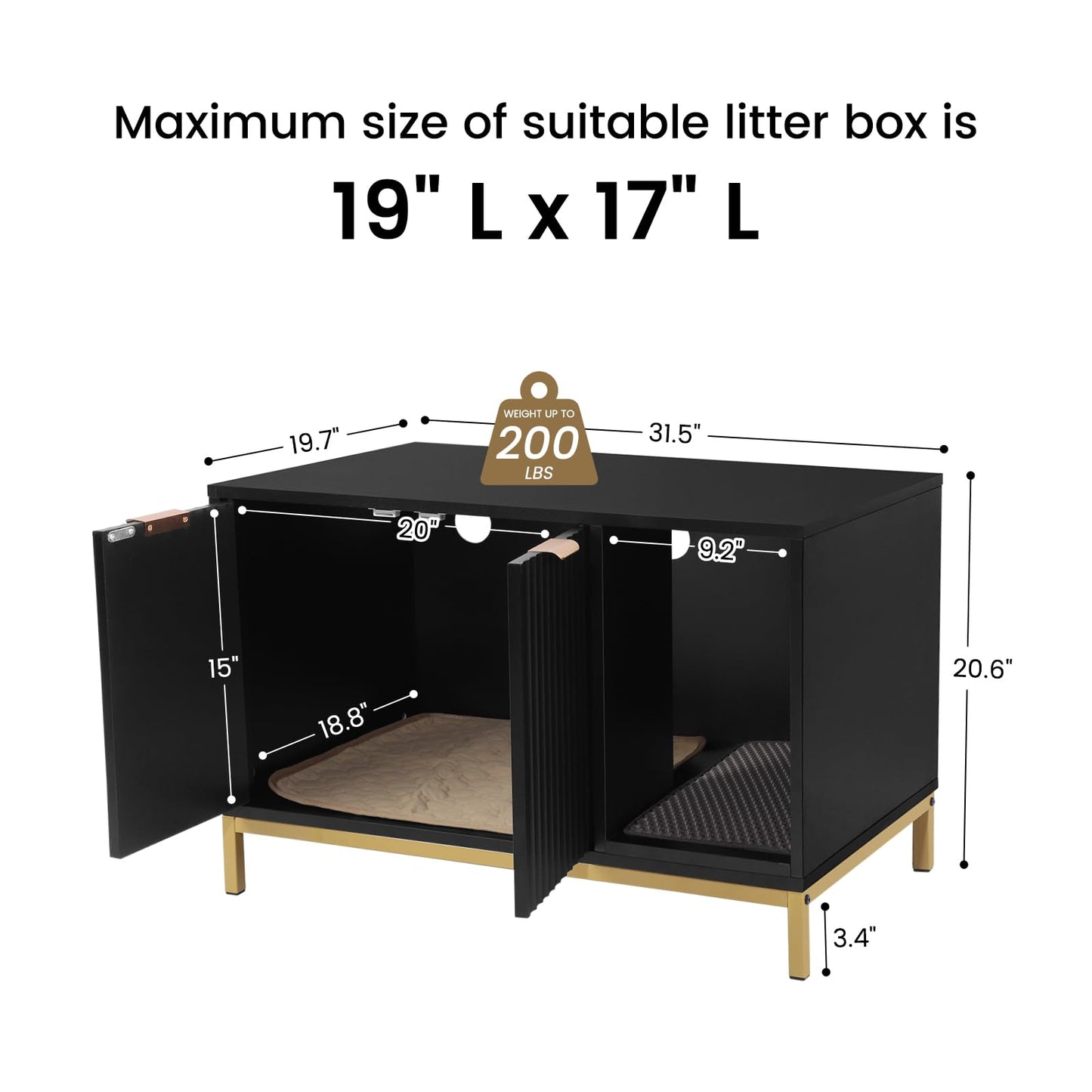 QuicMiou Cat Litter Box Enclosure, Hidden Litter Box Furniture with Metal Legs, Side End Table Indoor Cat House Storage Cabinet 31.5 x 19.7 x 20 Inches (Black + Gold)