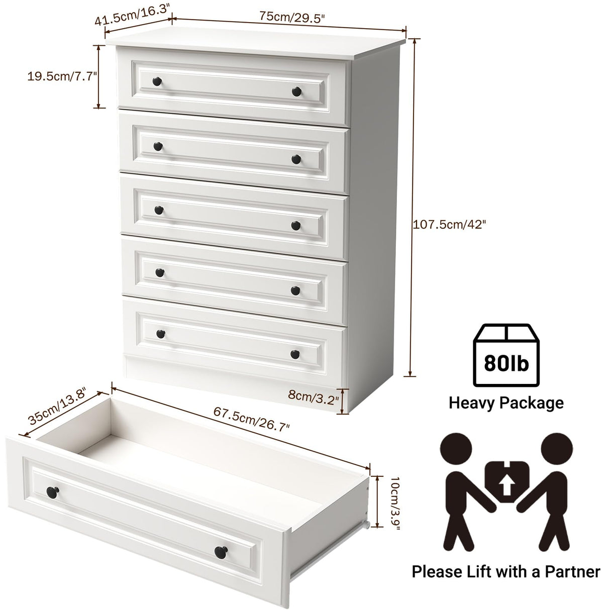 White 5-Drawer Tall Dresser with Wood Top, Modern Storage Tower for Bedroom, Closet, Living Room, Entryway, Hallway Seeday