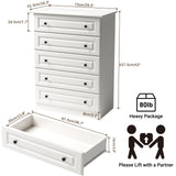 White 5-Drawer Tall Dresser with Wood Top, Modern Storage Tower for Bedroom, Closet, Living Room, Entryway, Hallway Seeday