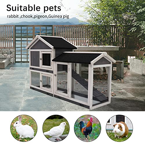 HOMLOVLY Rabbit Hutch Bunny Cage, Large Wooden Rabbit House Indoor Outdoor with Removable Trays, UV Panel, Guinea Pig Chicken Coop Pet House for Small Medium Animals, Black - WoodArtSupply