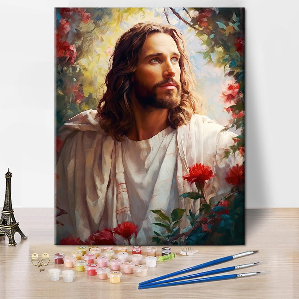 Rebotipy DIY Paint by Number for Adult, Jesus Christ Holy Cross Paint by Numbers, Flowers Adult Paint by Numbers Kits on Canvas, 16X20 Inch Jesus Paint by Numbers for Adults Beginners Flameless Rebotipy