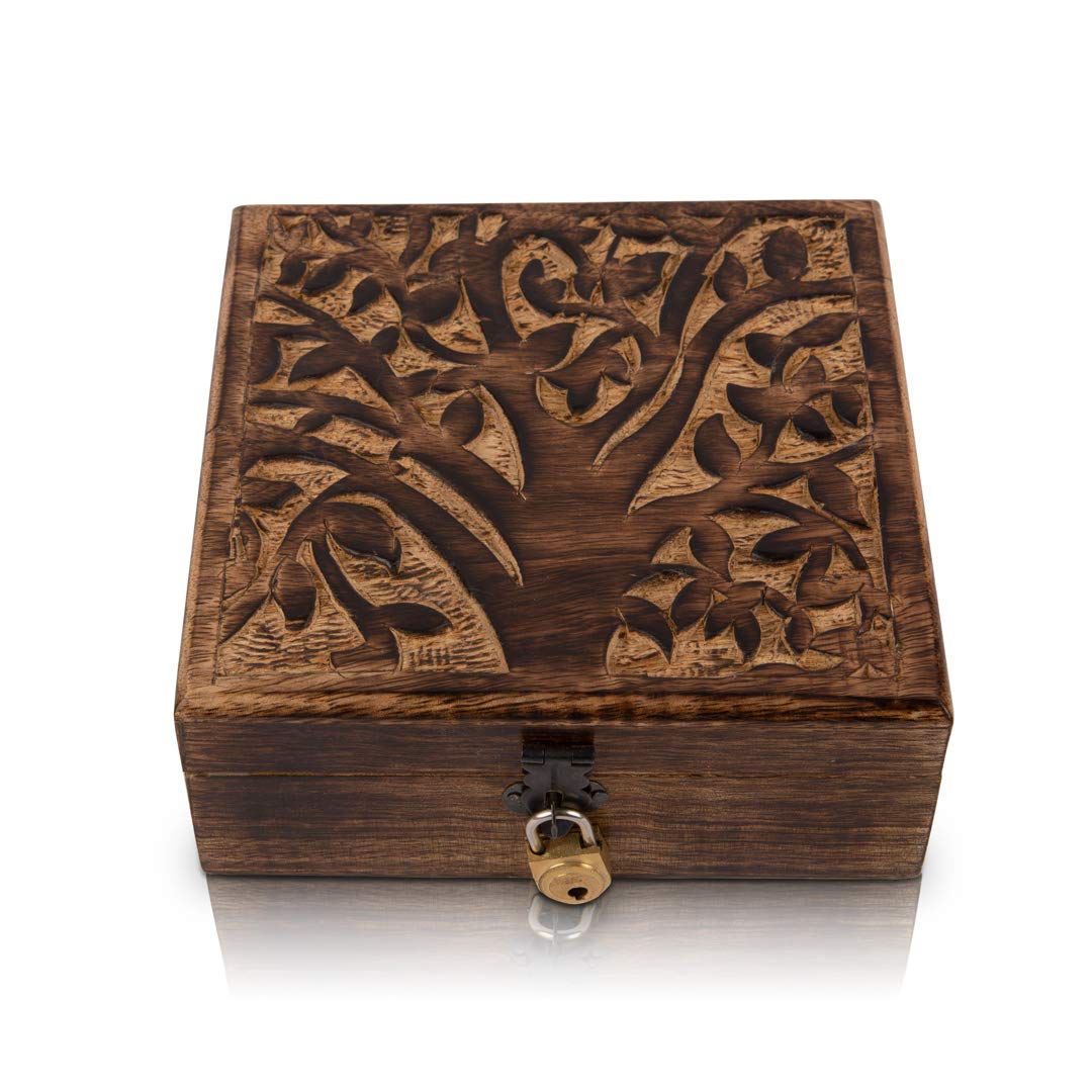 Great Birthday Gifts Handmade Decorative Wooden Jewelry Box With Tree Of Life Carving & Lock & Key Jewelry Organizer Keepsake Box Treasure Chest Trinket Holder Watch Box Storage Lock Box 6 x 6 Inches The Great Indian Bazaar