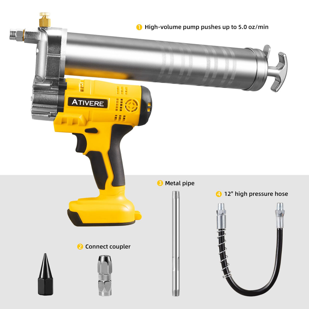 ATIVERE Lithium Battery Grease Gun Cordless for DeWalt 20V Max Battery (NO Battery) Yellow with 12” Spring Flex Hose, 10000 PSI High Pressure Quick Release Grease ATIVERE