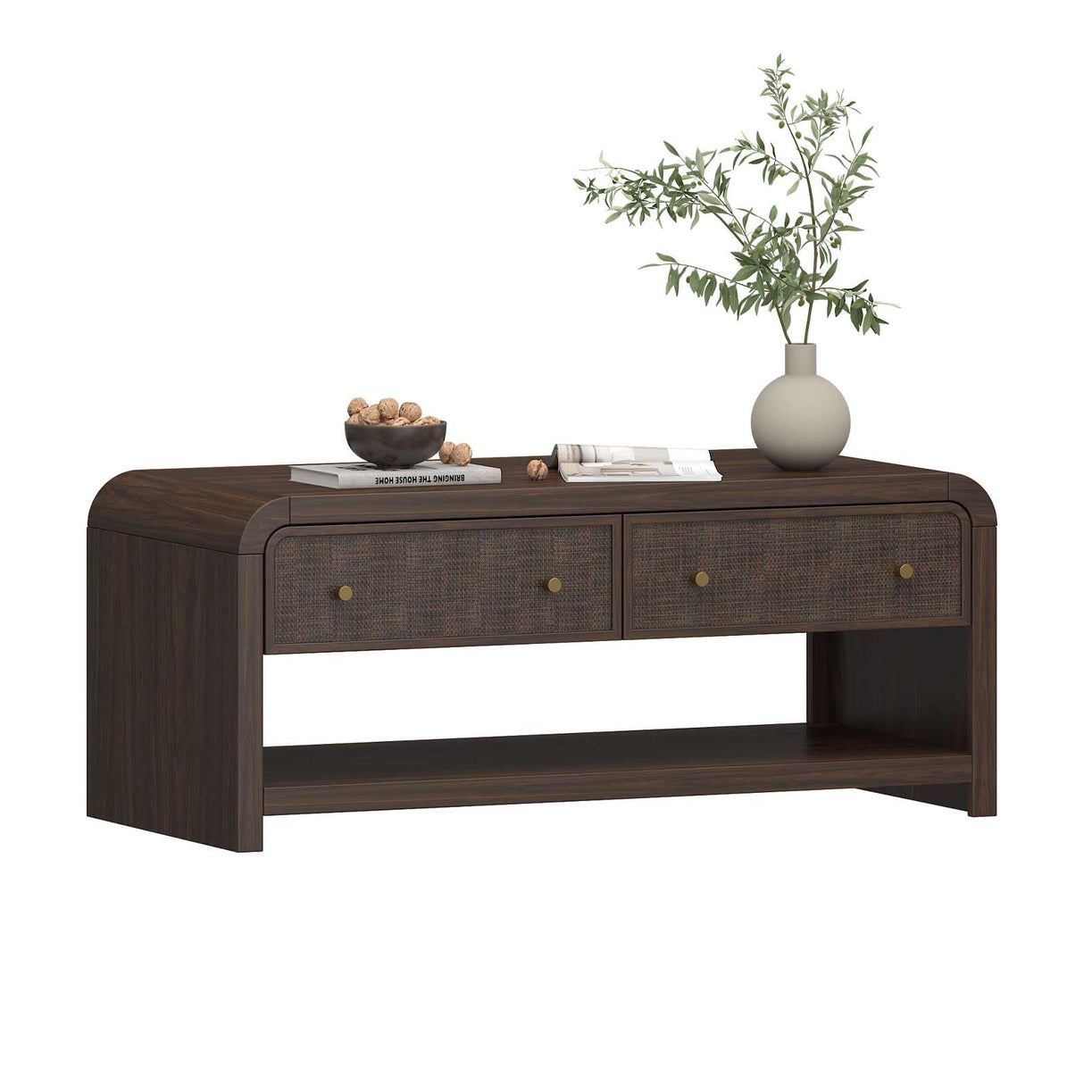Oak&Sparrow 48'' Boho Coffee Table, Thickened Arc-Shaped Design with Rattan Drawer, Oak Table for Living Room