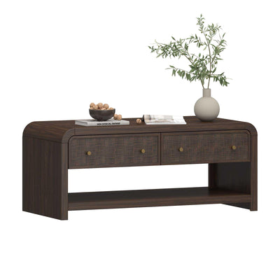 Oak&Sparrow 48'' Boho Coffee Table, Thickened Arc-Shaped Design with Rattan Drawer, Oak Table for Living Room