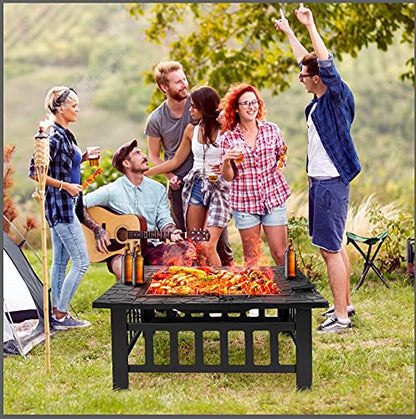 ZENY 32in Outdoor Fire Pits Outside Wood Burning Firepit Square Metal Fireplace Table Fire Bowl with Grill,Screen and Poker for Camping Bonfire Backyard BBQ