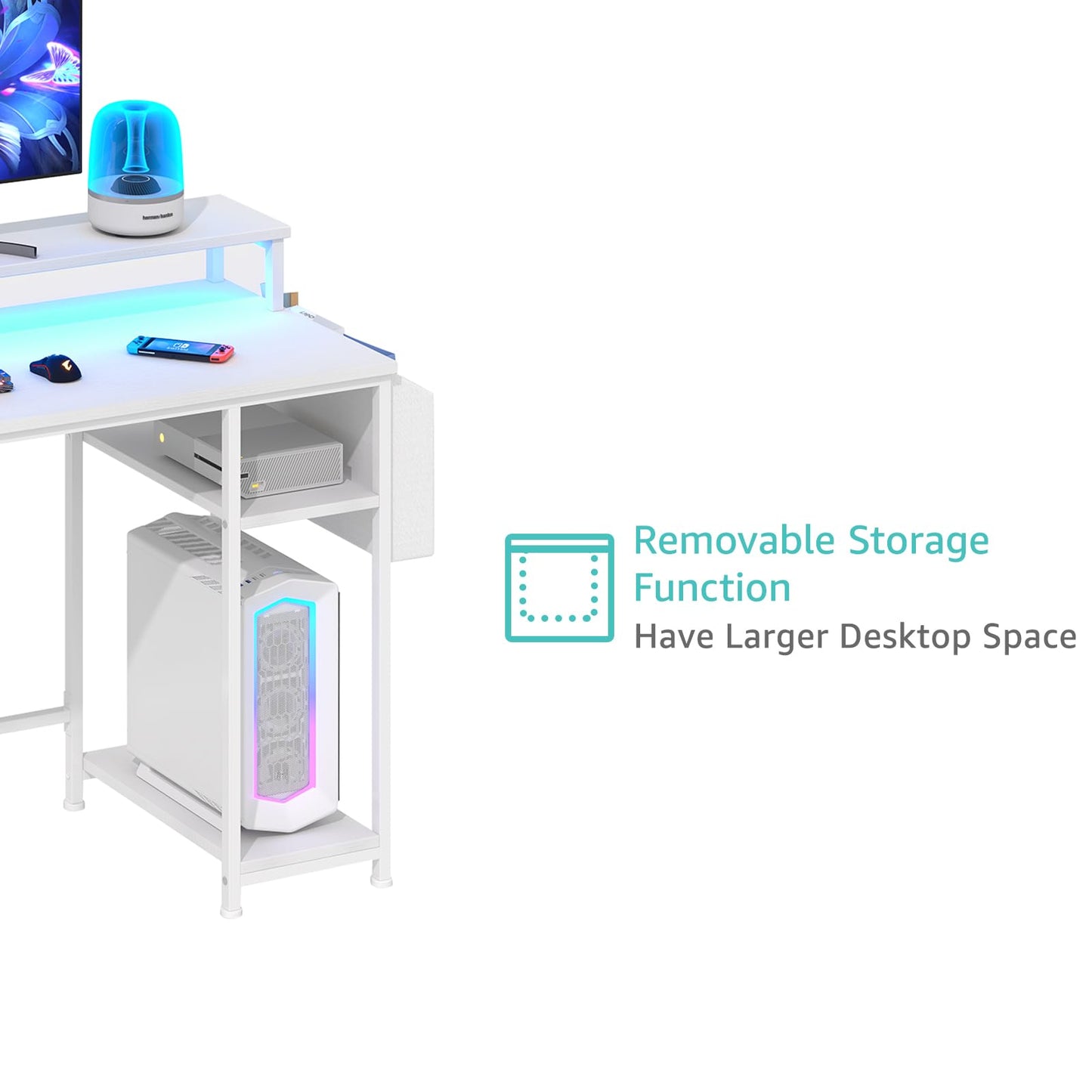 Lufeiya White Computer Desk with File Drawers Cabinet, 55 Inch Home Office Desk with Monitor Stand Shelves, Writing Study Gaming Desks with Led Light Power Outlets for Bedroom, White - WoodArtSupply