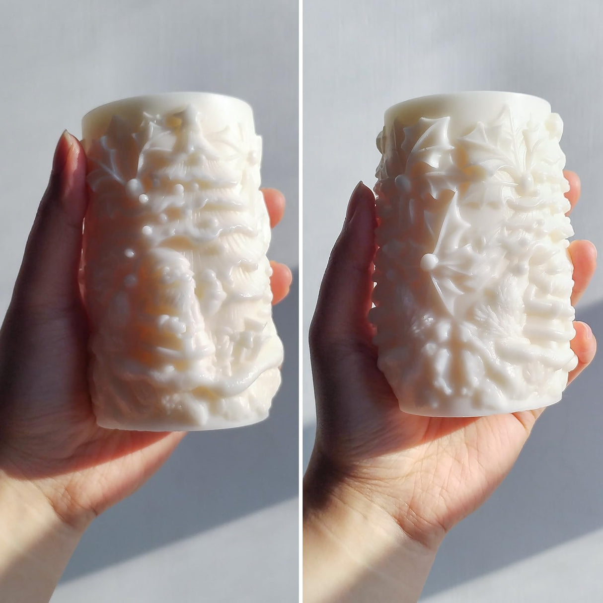 Wehous Christmas Candle Molds, 3D Embossed Santa Tree Holly Cylinder Silicone Molds for Resin Candle Soap Wax, Christmas Ornament Fondant Chocolate Dessert Mold Art Craft Xmas Decor (Santa & Tree) Wehous