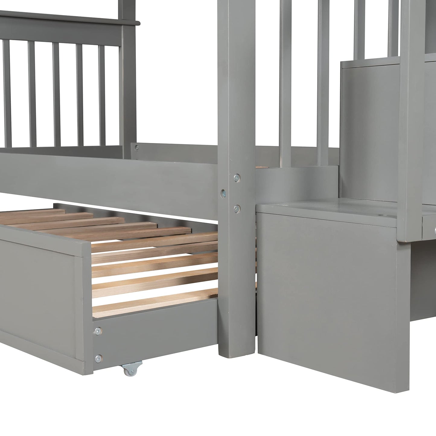 Stunning Gray Twin Over Twin Bunk Bed with Stairs and Trundle by Harper & Bright Designs - WoodArtSupply