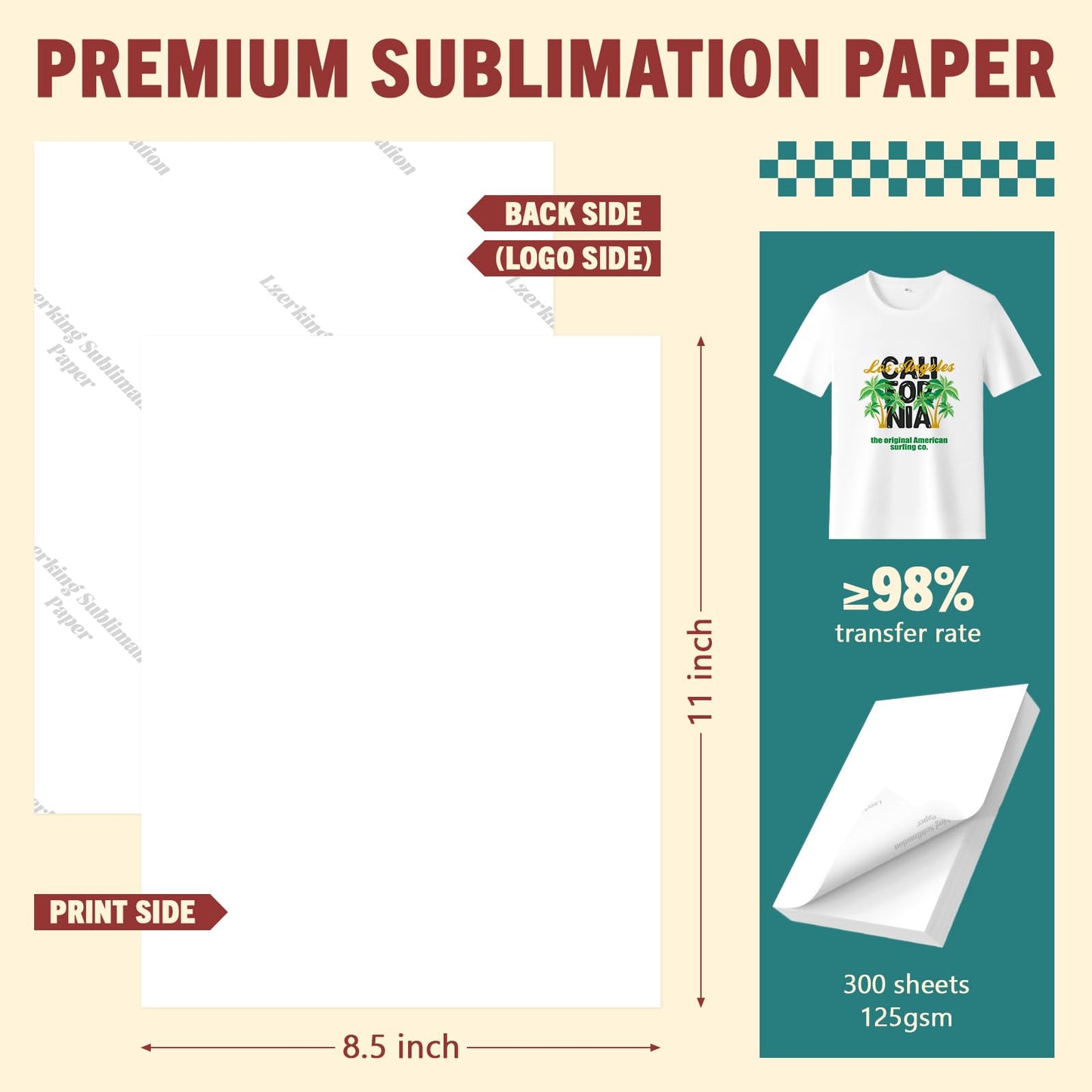 Sublimation Paper 8.5 x 11 In 125g 300 Sheets Thermal Ink Inkjet Printers Compatible Heat Transfer Paper for DIY T-shirts Phone Cases Mugs