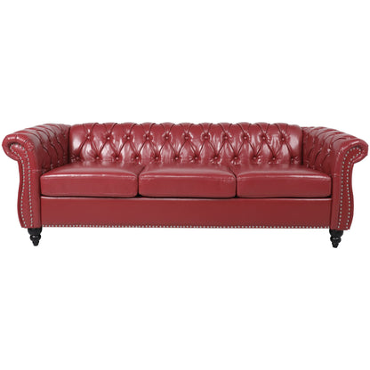 AVZEAR Leather Sofa 3 Seater Couch, Large Sofa Furniture Roll Arm Classic Tufted Chesterfield Settee Leather Sofa with Channel Tufted Seat Back for Living Room, Claret