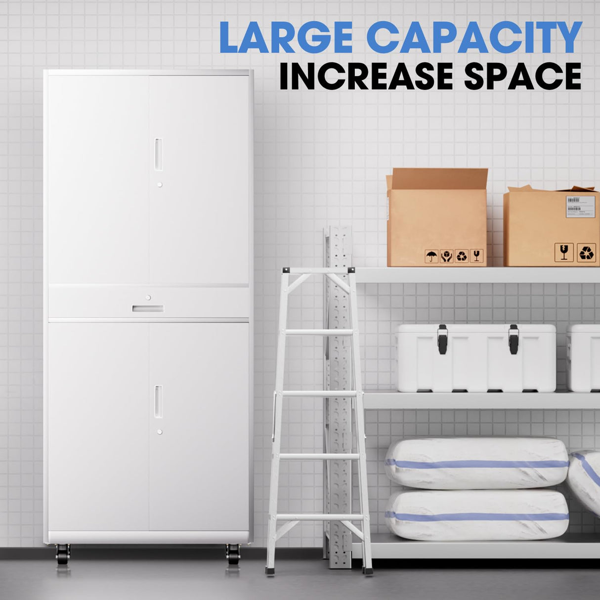 DNA MOTORING 73'' Metal Storage Cabinet, Rolling Garage Cabinet with 1 Drawer and Adjustable Shelves, Lockable Heavy Duty Metal Locker for Garage,Office,Home,White, TOOLS-00630-WH-WH-A DNA MOTORING