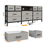 DrawXynth White Dresser for Bedroom with LED Lights and Power Outlets, 55" TV Stand with 10 Drawers & Open Shelves, Fabric Chest of Drawers with PU Finish, Metal Frame, Wood Top (Greige) DrawXynth