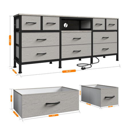 DrawXynth White Dresser for Bedroom with LED Lights and Power Outlets, 55" TV Stand with 10 Drawers & Open Shelves, Fabric Chest of Drawers with PU Finish, Metal Frame, Wood Top (Greige) DrawXynth