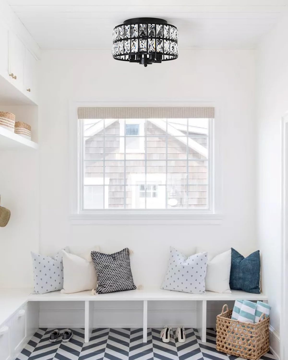 JWLUYN Black Crystal Flush Mount Ceiling Light, 4 Lights Black Dining Room Light Fixtures with E12 Base, Modern Close to Ceiling Light Fixture for Bathroom, Hallway, Kitchen, Bedroom, Entryway JWLUYN