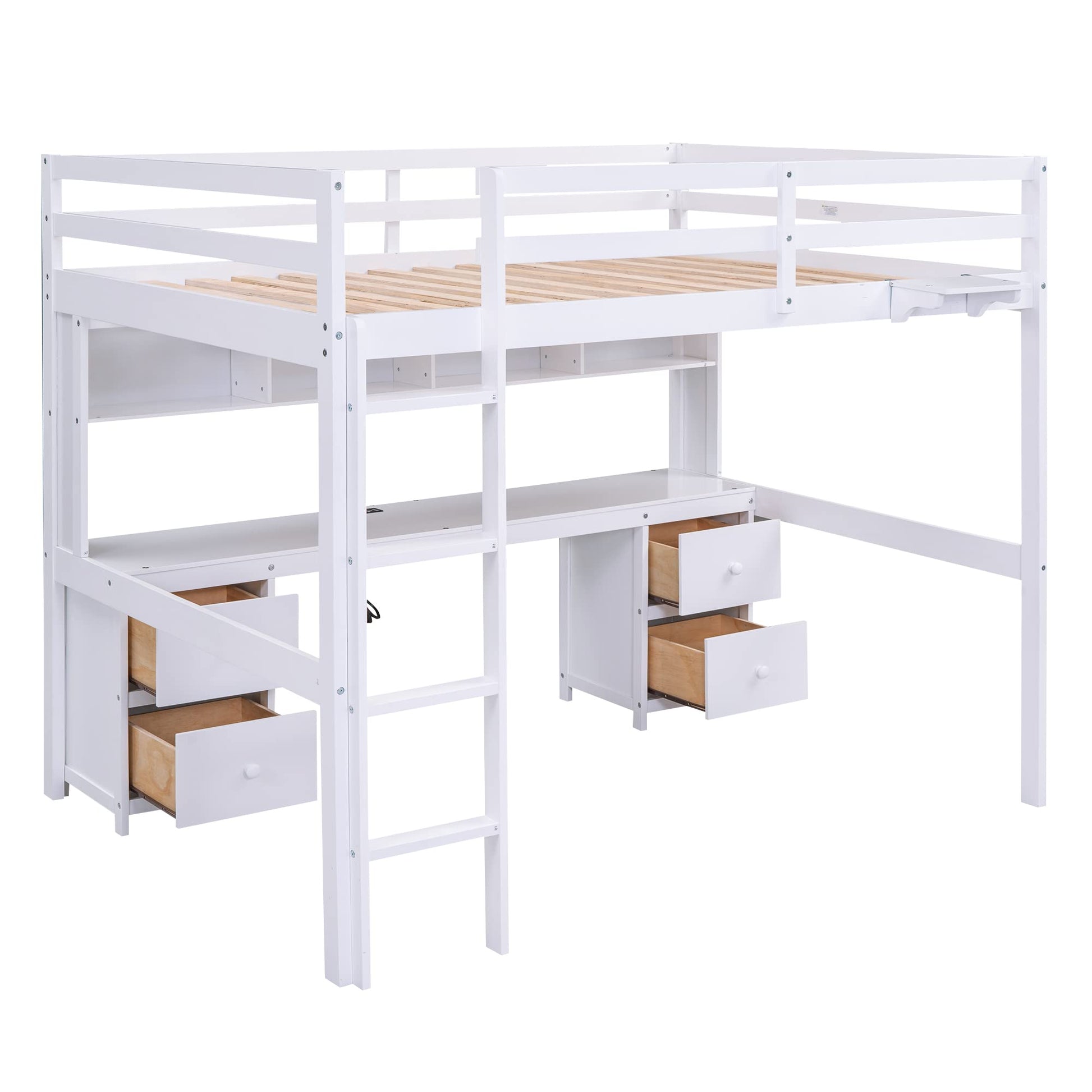 Full Size White Loft Bed with Desk, Drawers, Shelves, and Charging Station - WoodArtSupply