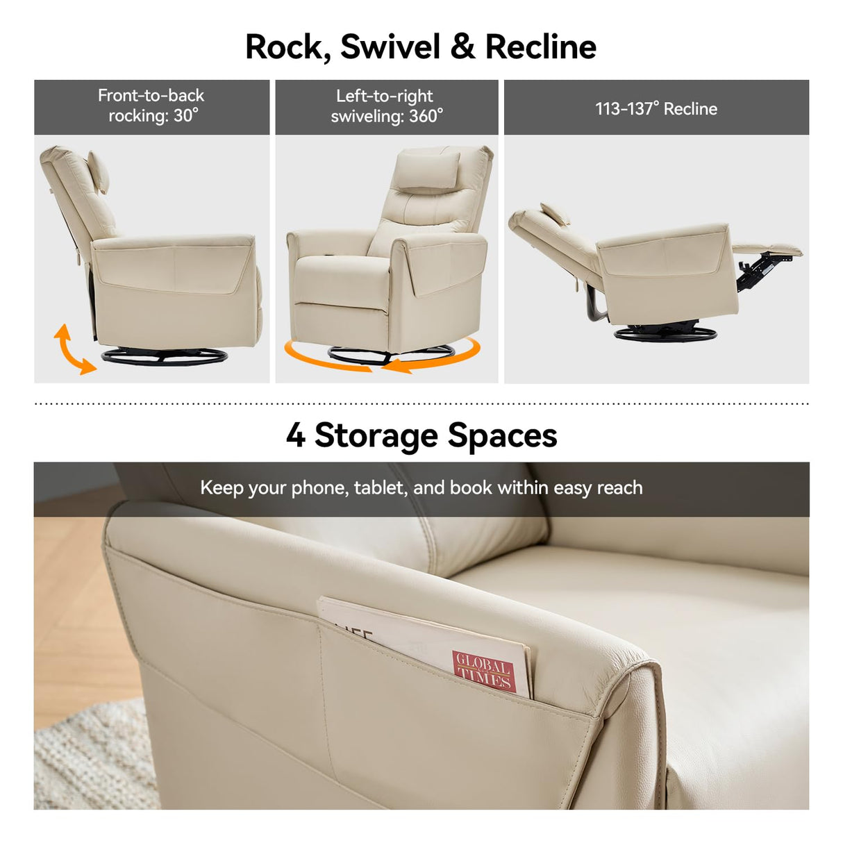 AIRSKY Leather Recliner Chair, Top Grain Leather, Italian Water-Washing Process, Movable Headrest,Swivel Rocker Recliner, Nursery Rocking Chairs,Wall Hugger Recliners, Living Room Chair, Beige, R3 AIRSKY