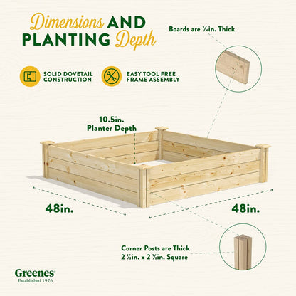 Greenes Fence Original Pine Raised Garden Bed, 4' x 4' x 10.5" - Made in USA with American Pine - WoodArtSupply