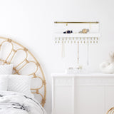 SANY DAYO HOME 27 Hooks Wall Mounted Necklace Holder 14 x 6 inch Hanging Rustic Wooden Jewelry Organizer with Removable Bracelet Rod and Shelf for Kids, Girls, Women - Ivory White SANY DAYO HOME