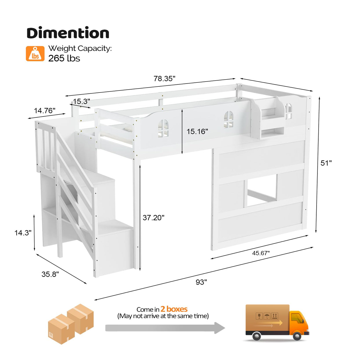 JOYMOR Low Loft Bed with Led Light, Loft Bed Twin Size with Castle Guardrail and Window, Staircase and Book Rack, Smart APP Control, Twin loft Bed for Kids, Junior, No Box Spring Needed (White) JOYMOR