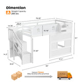 JOYMOR Low Loft Bed with Led Light, Loft Bed Twin Size with Castle Guardrail and Window, Staircase and Book Rack, Smart APP Control, Twin loft Bed for Kids, Junior, No Box Spring Needed (White) JOYMOR