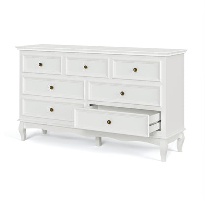 RoyalCraft White 7 Drawer Dresser for Bedroom, Modern Chest of Drawers with Solid Wood Legs and Painted Finish, Wooden Storage Closet Cabinet Organizer for Living Room, Hallway