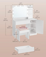 VASAGLE Vanity Desk with Mirror and Lights, 43.3-Inch Wide Makeup Vanity with Upholstered Vanity Stool, Power Outlets, Dimmable LED Lights, Storage Drawer, for Bedroom, Cloud White URDT628W01 VASAGLE