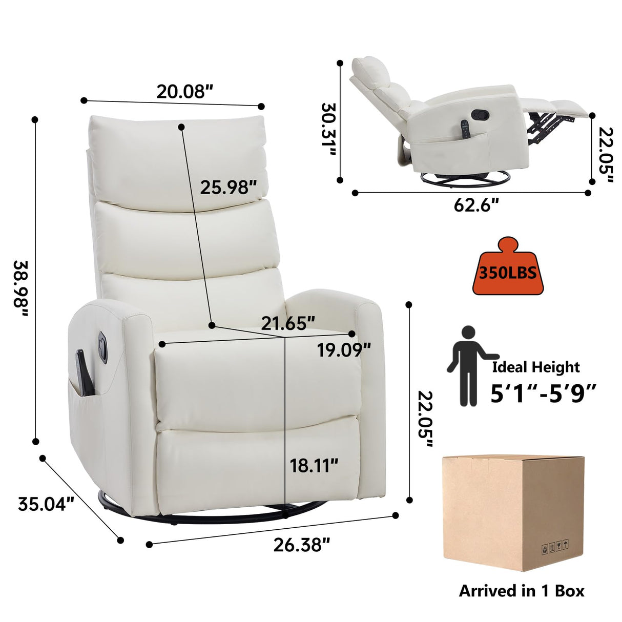 PELUMY Manual Recliner Chair with Heat & Vibration Massage, 360° Swivel Rocker Recliner with 155° Recline and Lumbar Heat, Compact Recliner for Living Room & Small Spaces (Breathable Leather, White) PELUMY