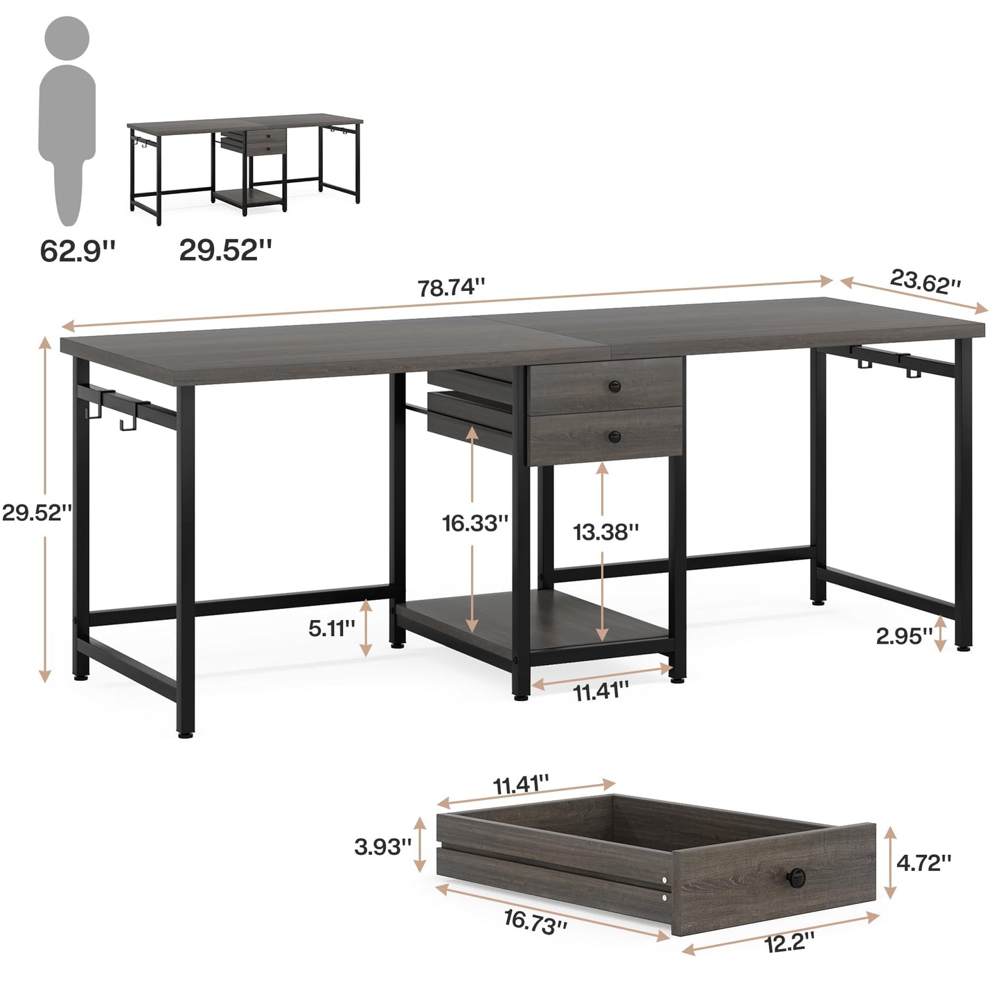 Tribesigns 79 Inch Extra Long Desk, Double Desk with 2 Drawers, Two Person Desk Long Computer Desk with Storage Shelves, Writing Table Study Desk for Home Office, Grey - WoodArtSupply