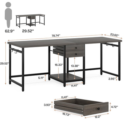 Tribesigns 79 Inch Extra Long Desk, Double Desk with 2 Drawers, Two Person Desk Long Computer Desk with Storage Shelves, Writing Table Study Desk for Home Office, Grey - WoodArtSupply