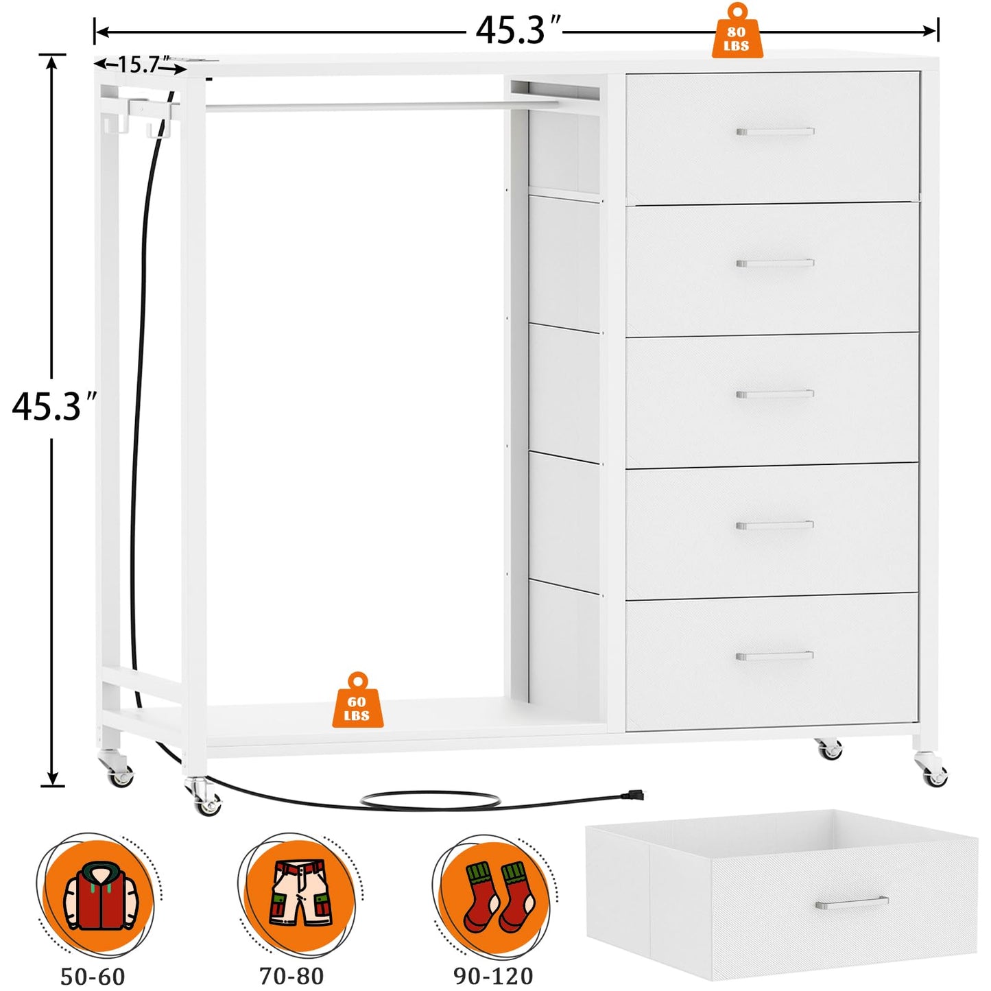 Cyclysio Dresser with Clothes Rack, 5 Drawers Dresser with Charging Station & LED Lights, White Storage Unit, Closet