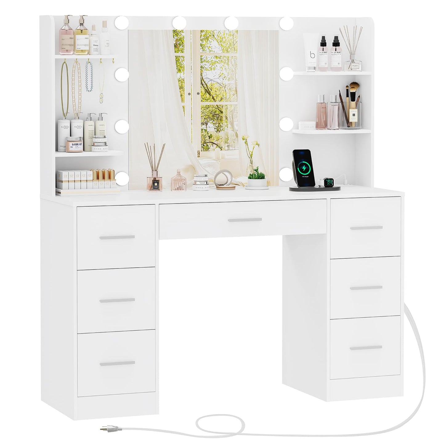 FIONESO Large Makeup Vanity, 43.3" Vanity Desk with Mirror and Lights, Makeup Vanity Table with 7 Drawers, 4 Shelves, 5 Jewel Hooks & Power Strip, Vanity Desk Set for Bedroom, White