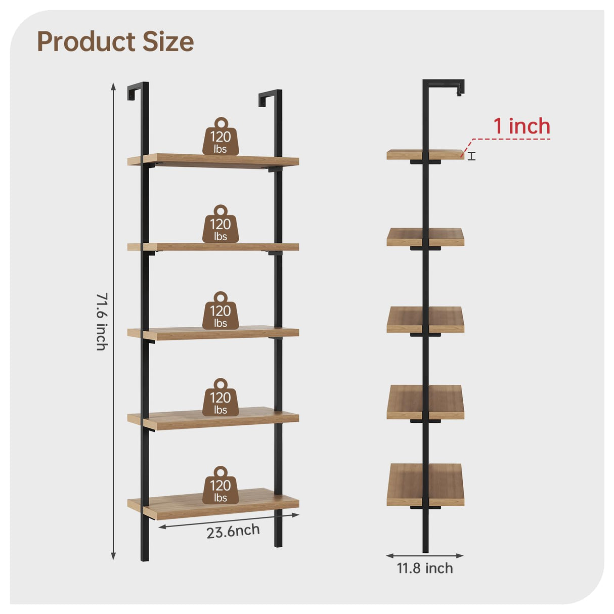 Airynee Ladder Bookshelf, 5 Tier Book Shelf, Wall Mount Bookshelves and Bookcases with Metal Frame, Anti Dump, Tall Bookcase for Living Room, Home Office, Bedroom Oak Airynee
