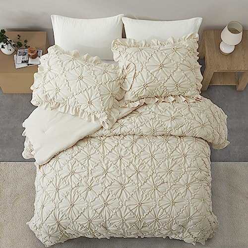 BEDAZZLED King Size Comforter Sets, Beige Bedding Comforter Set, 3 Pieces Pinch Pleat Bedding Sets with Comforter and Pillowcases Soft Farmhouse Shabby Chic Comforter for All Season BEDAZZLED
