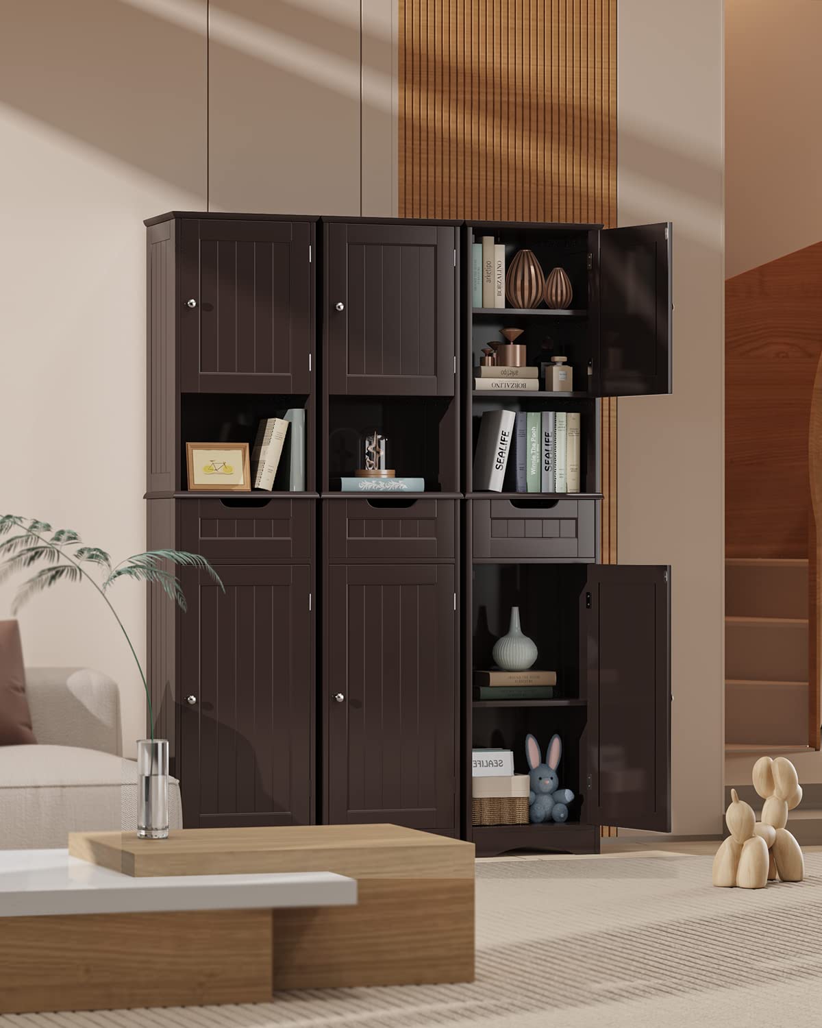 Gizoon 67" Tall Freestanding Bathroom Storage Cabinet with Adjustable Shelves - Dark Brown Linen Tower - WoodArtSupply