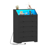 Wodeer Black Dresser Tall 5 Drawer Dresser for Bedroom, Wood Chest of Drawers with LED Lights, Charging Station, Metal Handles, Modern Storage Cabinet and Organizer Drawers for Living Room, Hallway Wodeer