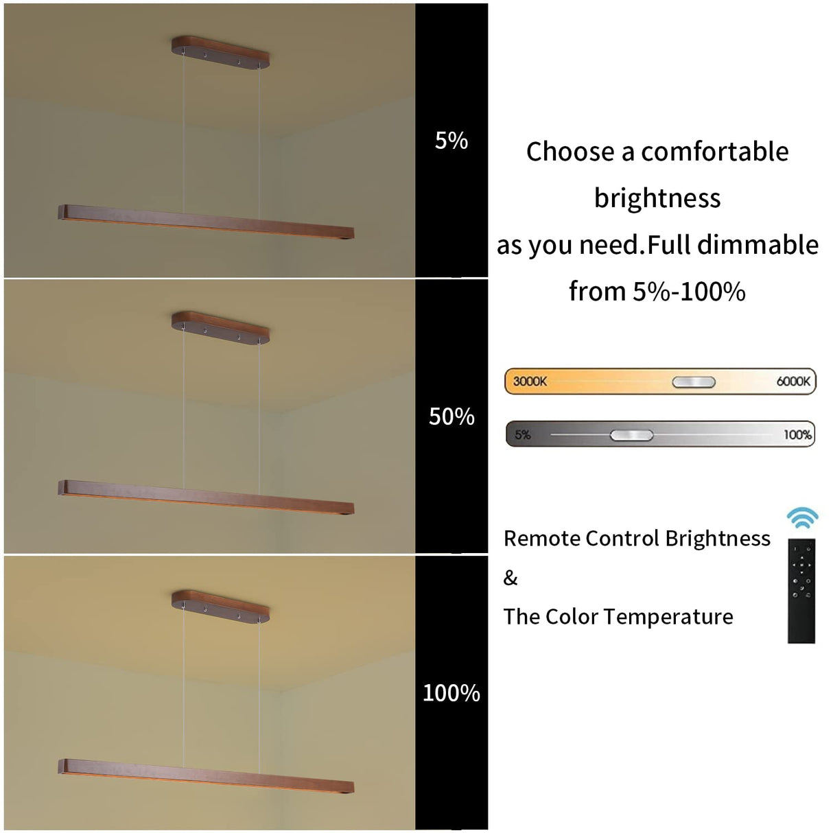 YISDESIGN 71" Wood Linear Pendant Light Wood Linear Dinning Room Light Island Lights LED Dimmable Linear Chandelier 40w for Dining Room Pool Table Walnut Color YISDESIGN