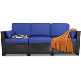 HISUKOY Outdoor Couch Wicker Patio Sofa, 3-Seat Sofa Patio Furniture Couch Outdoor Patio Sofa Seating Furniture for Garden,Backyard,Porch, Black-Blue HISUKOY