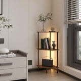 QLSPTFTS 3 Tier Corner Shelf with LED Light,Bookcase for Small Spaces,Display Shelf,Narrow Bookshelf,Plant Stand,Rustic Brown and Black,Suitable for Bedroom,Living Room,Kitchen QLSPTFTS