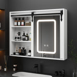 FUNISIR Mirror Medicine Cabinet Wall Mounted, 35.4" x 27.6" Bathroom Lighted Mirror Medicine Cabinet with Farmhouse Sliding Barn Door, Makeup Vanity Mirror with Defogger, Dimmer, Storage FUNISIR