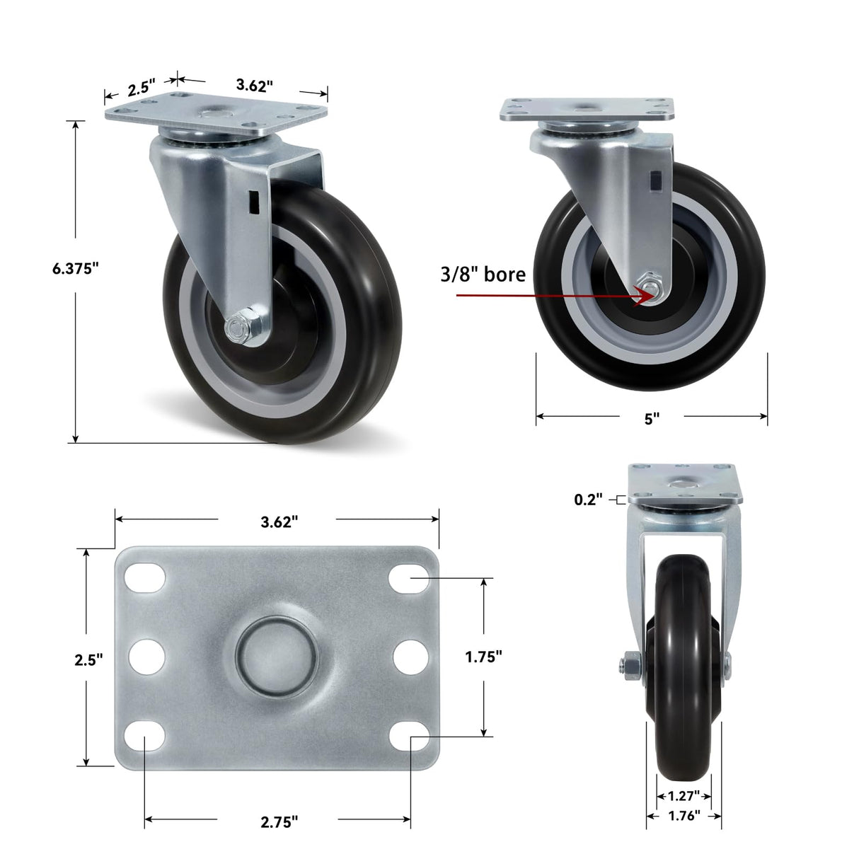 NINOSO 5" Caster Set of 4, Heavy Duty Industrial Caster Wheels with Load 1400lbs Capacity, Polyurethane Shopping Cart Wheels Replacement for Furniture Equipment Dollies(2 Swivel & 2 Rigid) Ninoso