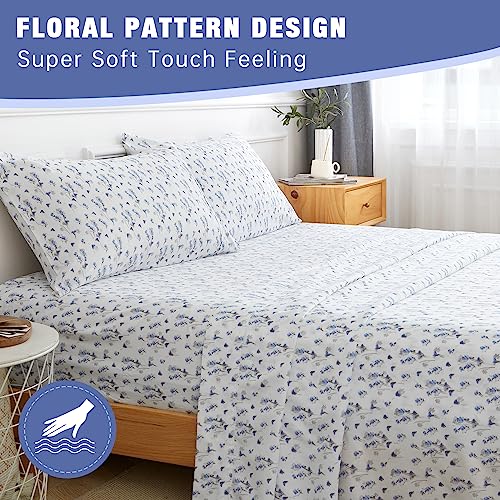 Twin Bed Sheet Set 3PC Printed Light Blue Flower Pattern Cooling 1800 Microfiber with Deep Pocket, Hotel Luxury, Soft, Breathable, Hypoallergenic, Wrinkle Free, Single Bedding for Kids, College Dorm KACEMOO