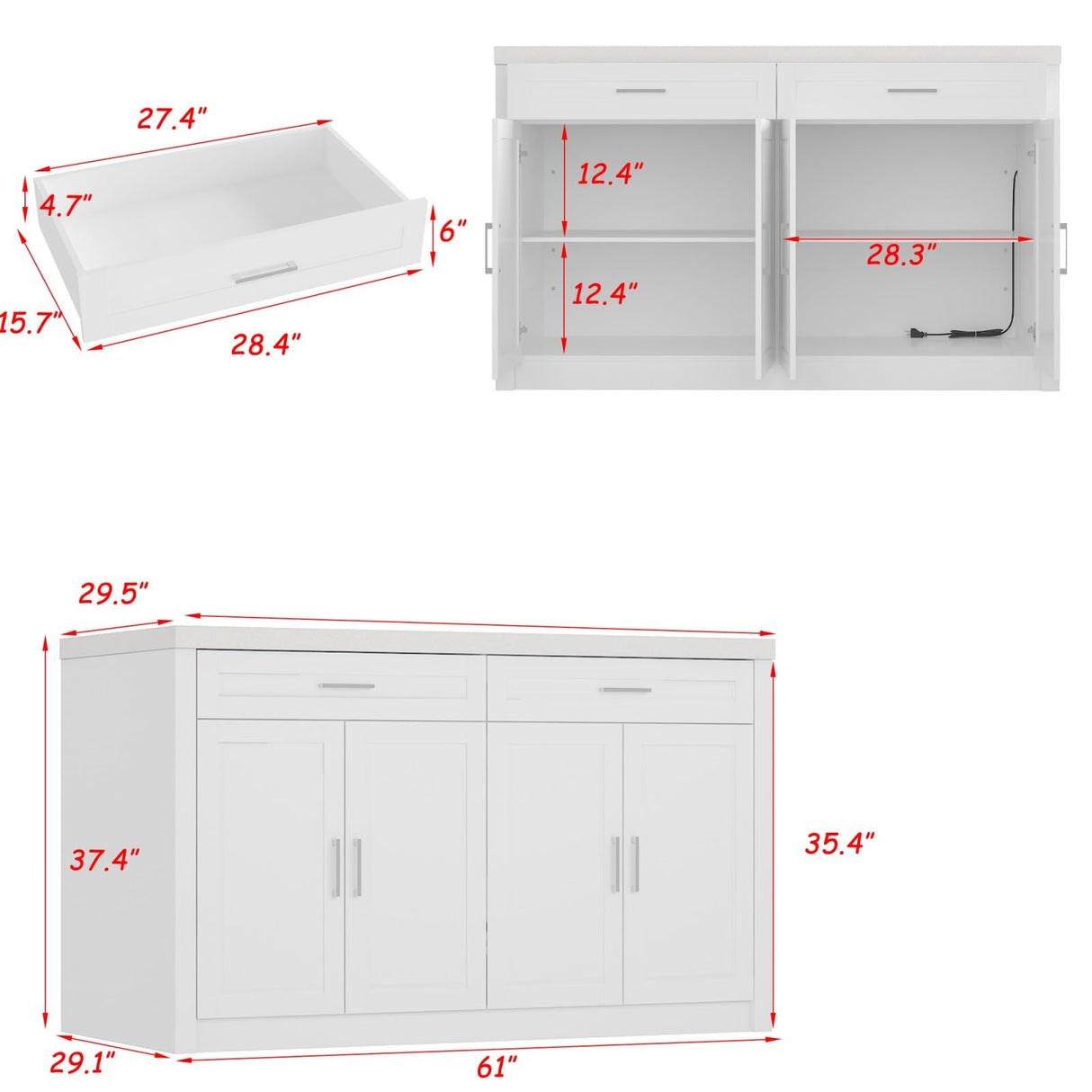 TAMUNE Kitchen Storage Island with USB Port & 2 Drawers, Stationary Kitchen Island Table with Light Grey Countertop, Bar Table with 4 Shelves White 29.1”D x 61”W x 37.4”H TAMUNE