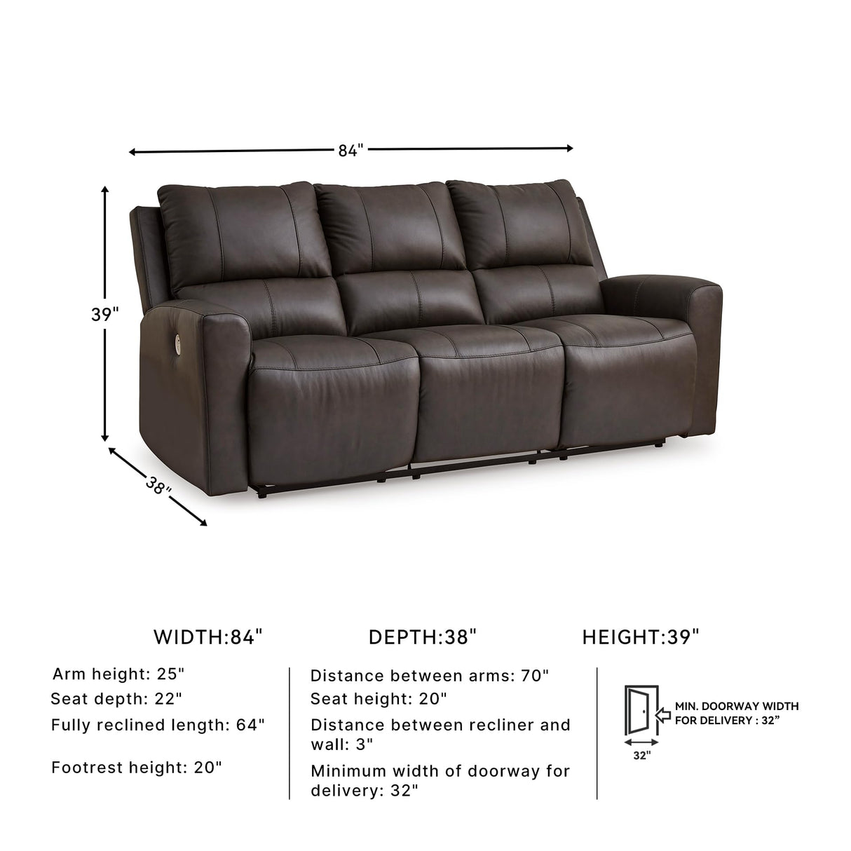 Signature Design by Ashley Boxmere Modern Leather Match Power Reclining Sofa with USB Ports, Dark Brown Signature Design by Ashley