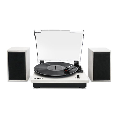 Victrola Montauk Vinyl Record Player, White Wood Finish, 3-Speed Belt Driven Turntable with Stereo Bluetooth Speaker Pair, RCA Output and 3.5mm Headphone Jack, Removable Dust Cover Victrola
