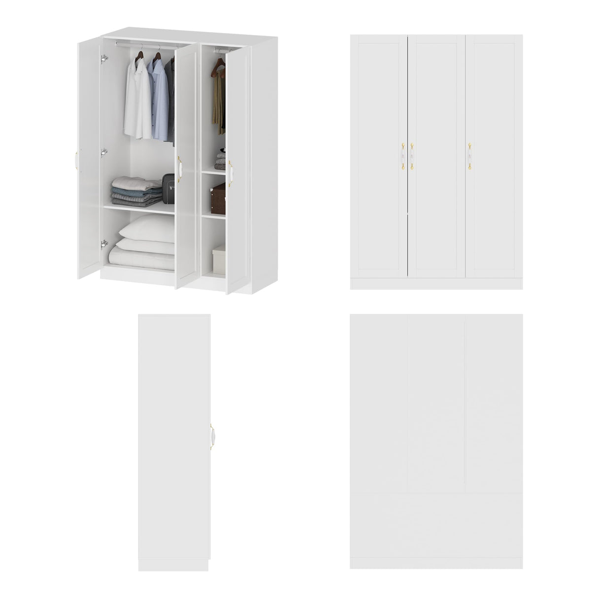 Homsee White Wardrobe Armoire Wooden Closet with 3 Doors, 5 Storage Compartments, 2 Hanging Rods & Decorative Handles for Bedroom Homsee