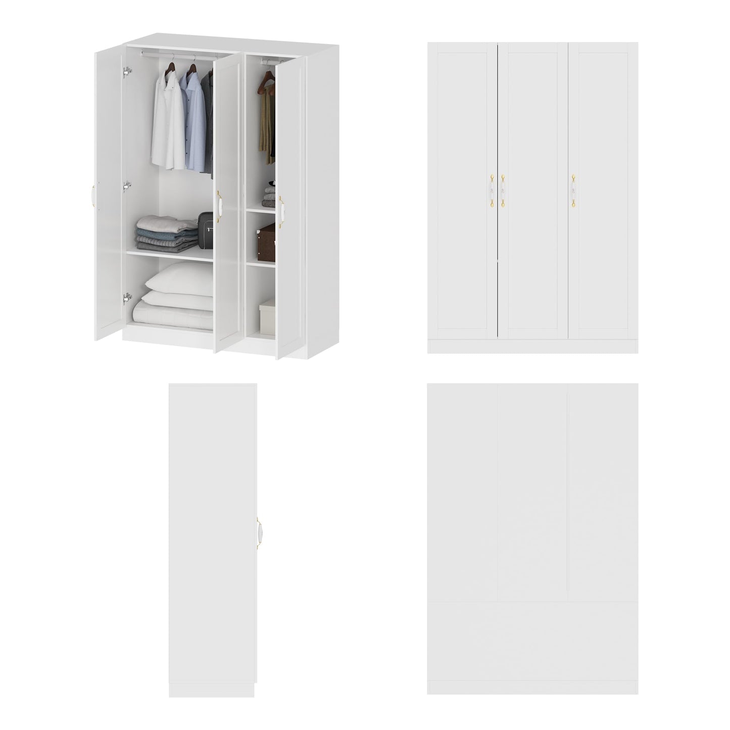 Homsee White Wardrobe Armoire Wooden Closet with 3 Doors, 5 Storage Compartments, 2 Hanging Rods & Decorative Handles for Bedroom - WoodArtSupply