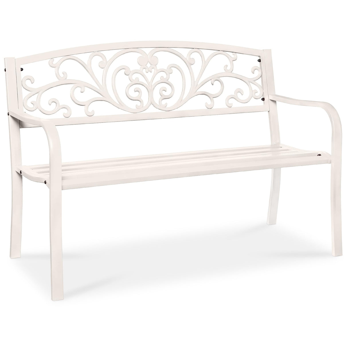 Best Choice Products Outdoor Bench Steel Garden Patio Porch Furniture for Lawn, Park, Deck w/Floral Design Backrest, Slatted Seat - White Best Choice Products